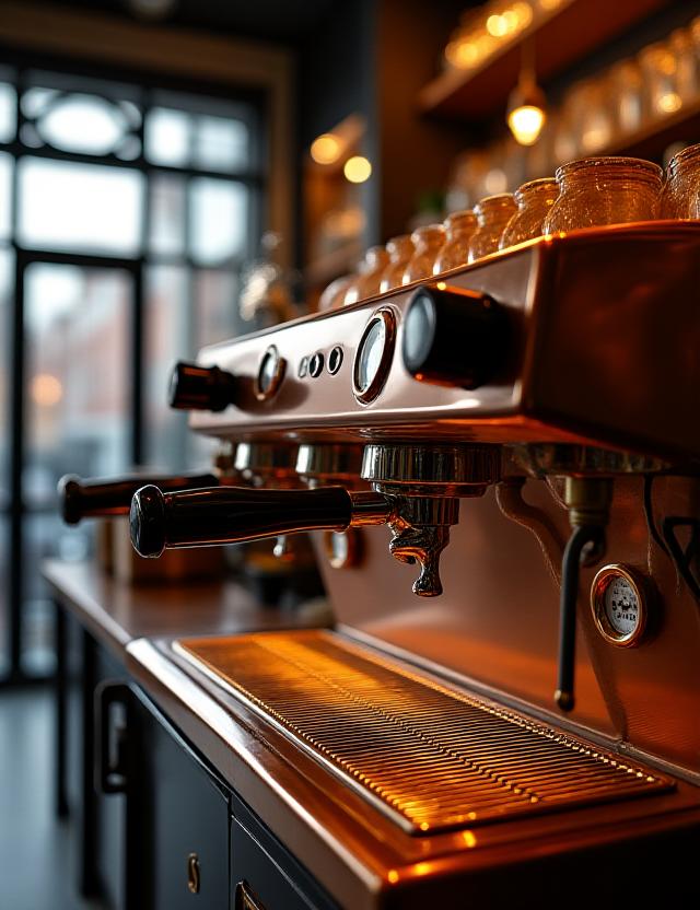 Macchina da caffè artigianale in rame e interni industriali